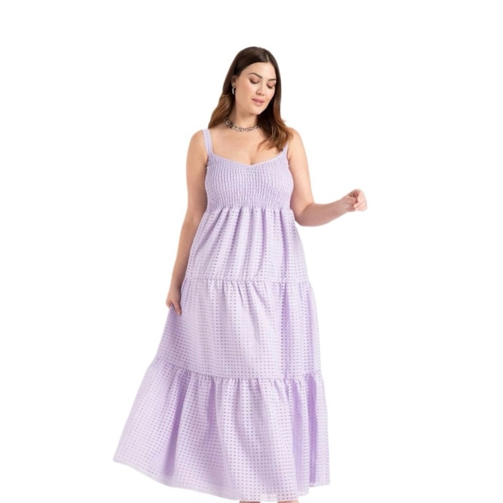 NEW! Elloquii Smocked Bodice Tiered Maxi Dress Purple